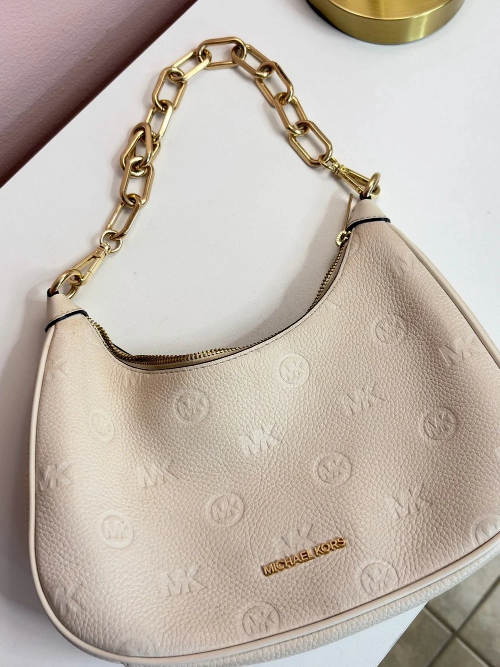 Michael Kors Cream Pebbled Leather Hobo with Gold Chain Strap